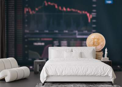 Photo Golden Bitcoins on forex chart background Wall mural