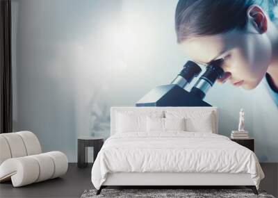 Scientist researcher using microscope in laboratory. generative ai. .Medical healthcare technology and pharmaceutical research and development concept. Wall mural