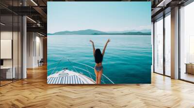 girl on a yacht with a beautiful view of lake Baikal, travel in Russia Wall mural