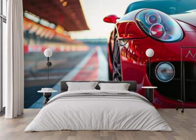 red sports car’s front bumper and headlight, with a blurred background of a racetrack and a grandstand Wall mural