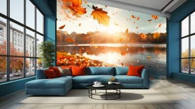 Autumn leaves falling over the park lake with warm sunlight coming from behind, closeup of single leaves, seasonal background Wall mural