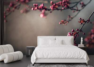 beautiful early spring background with blooming pink tree branch and copy space Wall mural