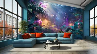 Colourful tropical jungle with fresh plants, flowers and leaves. Beautiful glowing forest, Illustration. Generative AI Wall mural