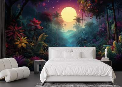 Colourful tropical rain forest with round moon in the sky reflecting in the river. Fantasy psychedelic nature background.  Wall mural