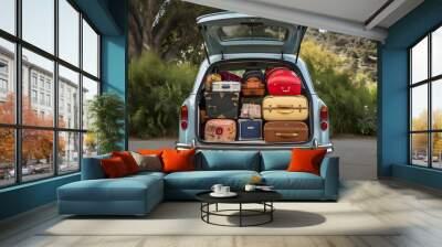 Old fashioned car trunk overloaded with suitcases and bags of different shapes. Family preparing for traveling for a vacation.  Wall mural