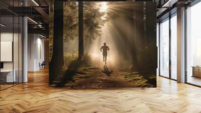 Running in the nature with sun rays coming through tall trees. Silhouette of a trail runner.  Wall mural