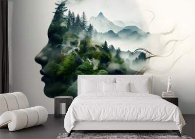 Side silhouette portrait of a woman with double exposure effect, intertwined with green nature landscape, mountains and trees.  Wall mural