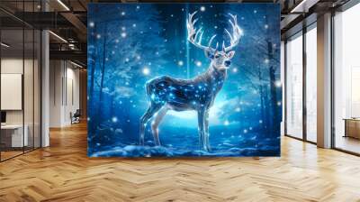 Silver reindeer glowing with blue lights in snowy winter forest. Christmas fantasy scene Wall mural