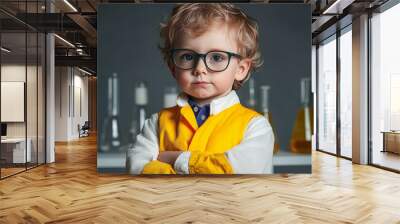 Smart young boy wearing glasses and a lab coat crossing his arms with scientific glassware in the background, embodying the concept of early childhood education in science Wall mural