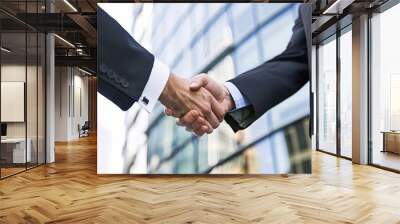 Two businessmen in suits shake hands outdoors, in front of ofice building, successful business deal, new cooperation Wall mural