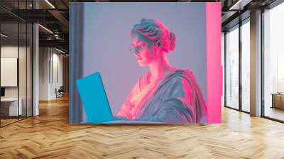 White statue of a woman wearing glasses working on a laptop illuminated with pink and blue lighting Wall mural