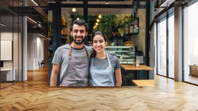 Young cheerful couple managing small business, owning coffee shop, portrait in front of the glass doors. Wall mural