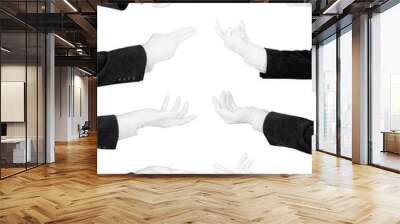 Man hands in white glove and black suit set. Holding, pointing, supporting and offering hands isolated png with transparency Wall mural