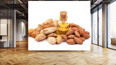 Almond oil on the white background. Organic herbal oil. Wall mural