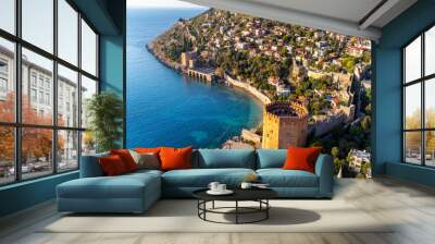 An aerial view of the Tersane beach bay Alanya in Antalya Turkey. Sea and city with an open sky. Kizil Kule - Alanya Wall mural