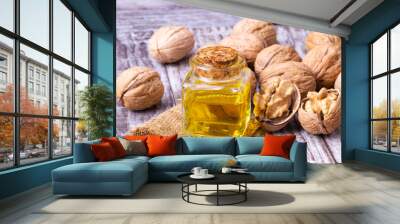 Cosmetic and therapeutic walnut oil. Food and cosmetic concept photo. Wall mural