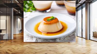 Cream caramel pudding with caramel sauce in plate Wall mural