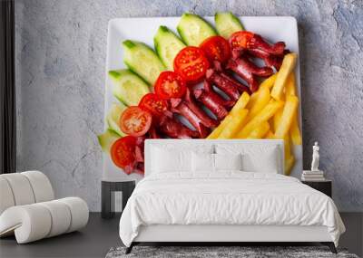 French fries and sausage fries platter (Turkish name; patates ve sosis kizartmasi) Wall mural