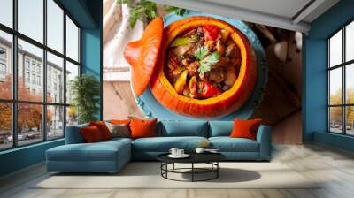 Stuffed pumpkin stew with meat and vegetables. Turkish name; bal kabagi dolmasi Wall mural