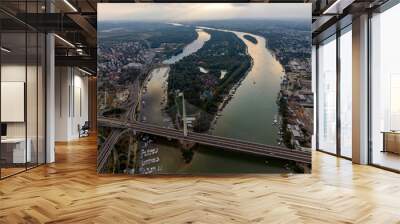 View of Ada Ciganlija from aerial drone and Most na Adi bridge over Sava River. Wall mural