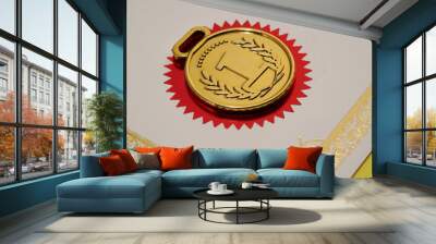 golden medal and certificate on the yellow background Wall mural