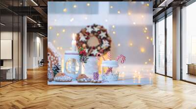 Christmas decorations with light behind it, creating a nice blurry boken. Christmas or new year still life with ornaments on rustic white table. Copy space for text. Wall mural