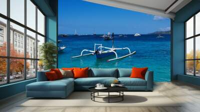 Vacation holidays concept background. Beautiful bay tropical island. Amazing marine view with boats, bright blue sky with clouds,clear colorful water in turquoise and azure tones. Nature landscape. Wall mural