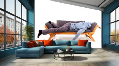 Man lying on sofa with hangover. Wall mural