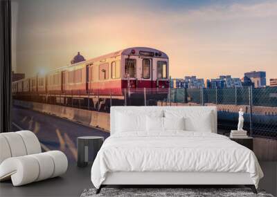 Boston subway lines, train crossing Longfellow bridge over scenic Charles river Wall mural