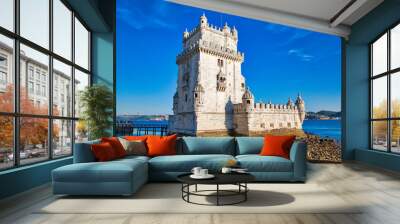 Lisbon, Belem Tower at sunset on the bank of the Tagus River Wall mural