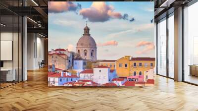 Scenic Alfama lookout with San Vicente (Saint Vincent) statue and Sao Vicente de Fora a church on the background Wall mural