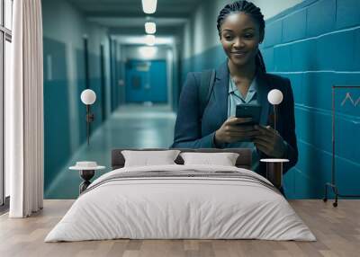 A young Black woman in a business suit smiles while texting on her smartphone in a modern, blue-themed hallway, conveying confidence and professionalism. Wall mural