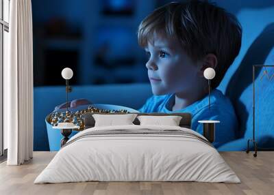 A young boy with light brown hair sits on a sofa, eagerly holding a bowl of colorful popcorn while watching a movie in a dimly lit room. Wall mural