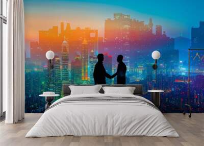 Two men shaking hands against a vibrant city skyline at twilight, symbolizing partnership and collaboration in a modern urban setting. Wall mural