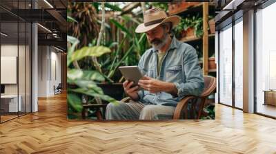 A man in a straw hat is sitting in a chair and looking at a tablet Wall mural