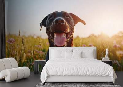 A joyful black dog sits in a sunlit field, surrounded by wildflowers, exuding happiness and contentment. Wall mural