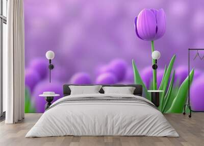 A single vibrant purple tulip stands tall amid a field of soft purple blooms, exuding beauty and resilience. Wall mural