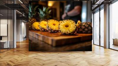 A vibrant display of freshly cut pineapples revealing juicy yellow centers, set on a wooden cutting board. Wall mural