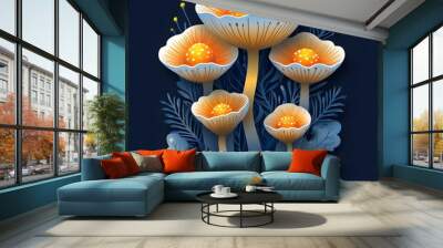 A vibrant illustration of glowing mushrooms in shades of orange and white against a dark background. Wall mural