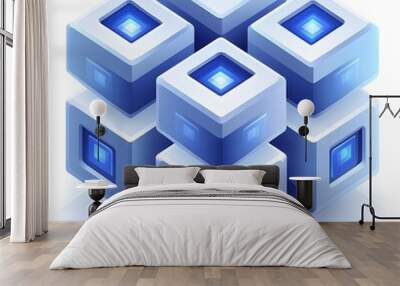 An abstract design featuring stacked 3D blue cubes with glowing center squares, creating a futuristic feel. Wall mural