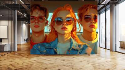 Three stylish young adults ride together in a car, featuring vibrant hair and sunglasses, exuding confidence and adventure. Wall mural