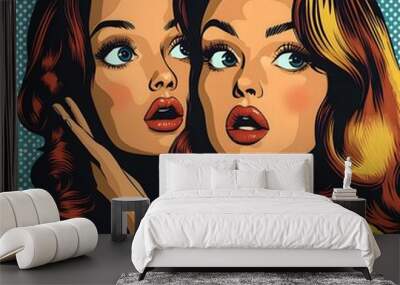 Two surprised young women with vibrant hair sharing a moment of intrigue, depicted in a pop art style. Wall mural