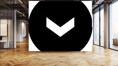 A white chevron pointing down in a black circle. Wall mural