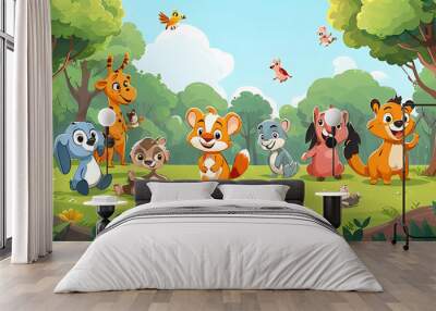 Cartoon animal characters playing in a park
 Wall mural