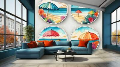 Circular Beach Umbrella Stickers showcasing vibrant illustrations of tropical-themed umbrella Wall mural