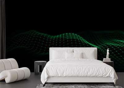 Abstract futuristic wave with moving dots. Flow of colored particles and lines. Cyber technology illustration. Big data visualization. 3d rendering Wall mural