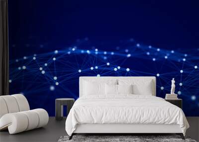 Abstract wave with moving dots and lines. Flow of particles. Cyber technology illustration. 3d rendering Wall mural