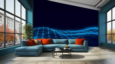 Futuristic moving wave. Digital background with moving glowing particles and lines. Big data visualization. 3d rendering Wall mural