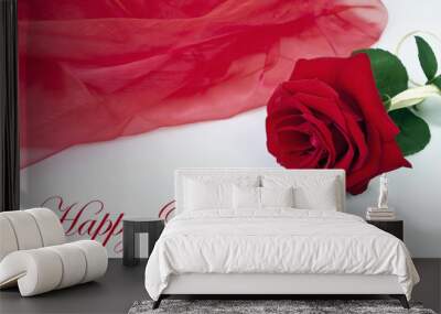 Happy Birthday card with red beautiful rose and textile Wall mural