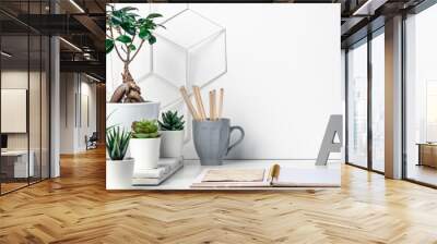 White desk at an empty wall with a geometric pattern. Copy space. Green succulents, bonsai, wooden stand, open notebook and gray mug with pencils. Bright composition Wall mural